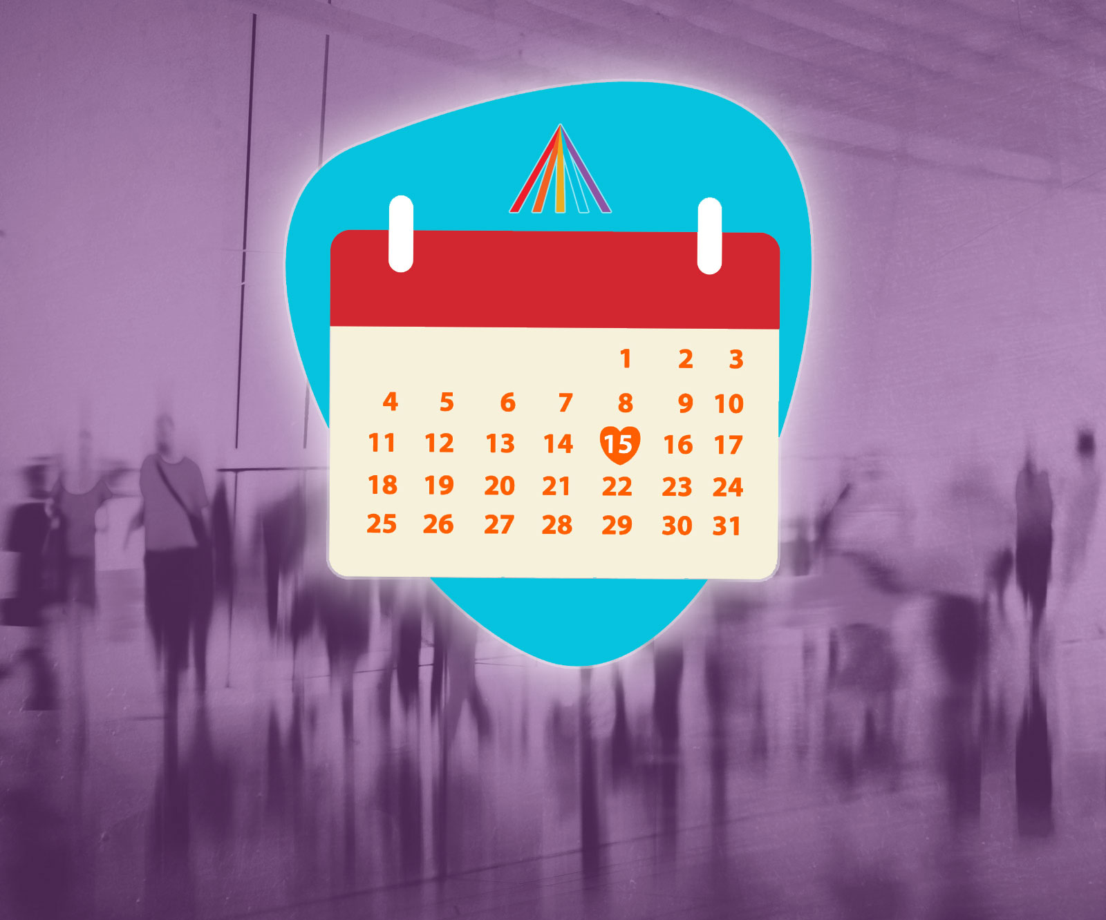 Calendar image on top of people walking about in an exhibition